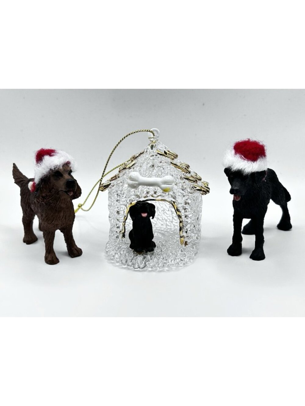 Lot of 3 Labrador Black & Brown Dog Christmas Ornaments Dog House Santa Hat